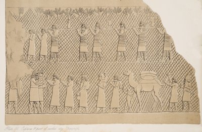Détail des captifs et partie de la ville fortifiée (Kouyunjik), illustration des Monuments de Ninive, 1858 - Austen Henry Layard