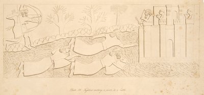 Fugitifs traversant une rivière vers un château, des Monuments de Ninive, pub. 1849 - Austen Henry Layard