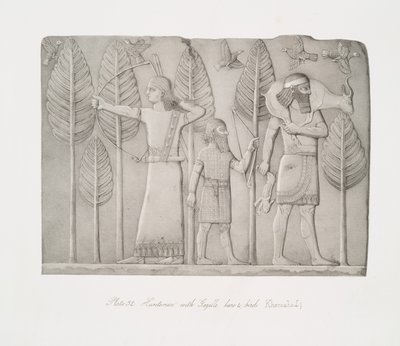 Chasseurs avec gazelle, lièvre et oiseaux (Khorsabad) - Austen Henry Layard