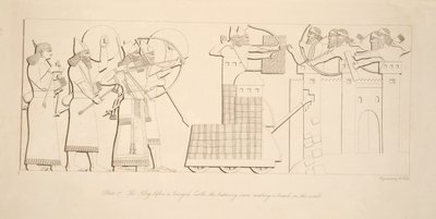 Le roi devant un château assiégé, le bélier faisant une brèche dans les murs, des Monuments de Ninive, pub. 1849 - Austen Henry Layard