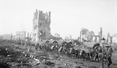 Ypres, Belgique. 18 octobre 1917. Mules de bât apportant des provisions avec l