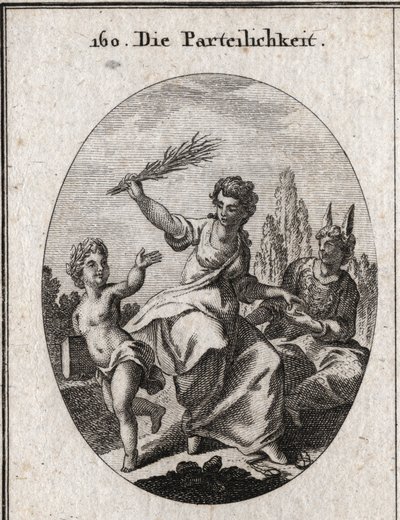 Allégorie du biais. Elle foule des échelles sous ses pieds et donne une récompense à un génie richement vêtu mais dont l