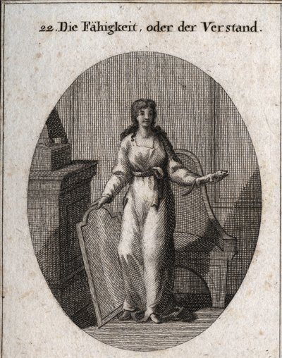 Allégorie de la capacité (ou intelligence). Le caméléon et le miroir sont ses attributs. Gravure dans « Iconologie oder Ideen aus dem Gebiete der Leidenschaften und Allegorien bildich dargestellt fur Zeichner, Mahler, Dichter, Gelehrte, Erzieher und freund - Austrian School