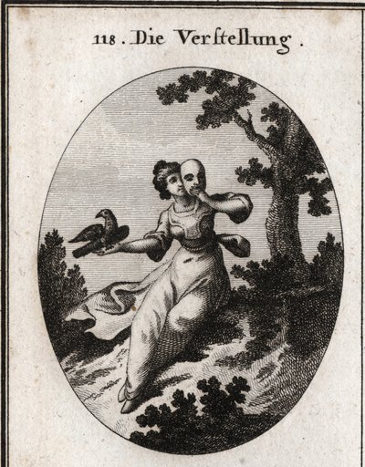 Allégorie de la dissimulation. Elle couvre son visage avec un masque, emblème du faux. Son attribut est une pie, à la fois blanche et noire, et ses caresses sont mêlées de becs. Gravure dans « Iconologie oder Ideen aus dem Gebiete der Leidenschaften und Al - Austrian School