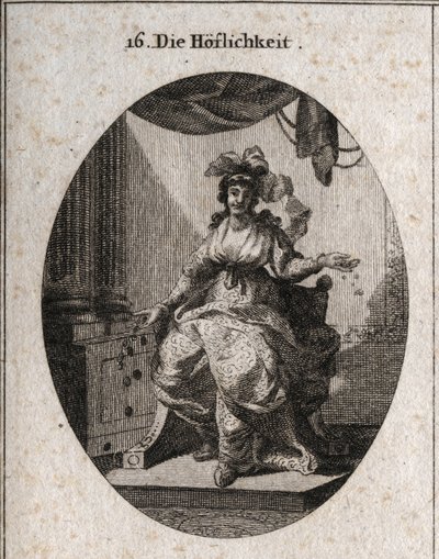Allégorie de la courtoisie représentée par une femme riche, gracieuse et souriante qui répand de l