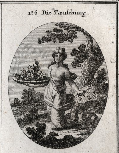 Allégorie de la tromperie. Parmi les fleurs du panier se trouve un serpent. Elle cache derrière elle plusieurs hameçons. Ses jambes se terminent par une queue de serpent pour montrer qu
