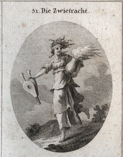 Allégorie de la discorde. Ses cheveux sont formés de vipères et son front est un bandage ensanglanté. Un soufflet dans une main et dans l