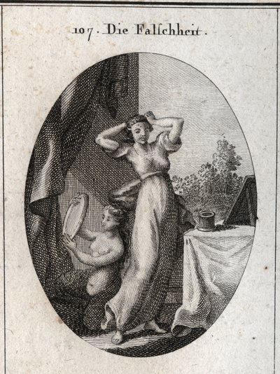 Allégorie de la fausseté. Son emblème est une sirène se regardant dans un miroir. Gravure dans « Iconologie oder Ideen aus dem Gebiete der Leidenschaften und Allegorien bildich dargestellt fur Zeichner, Mahler, Dichter... » - Austrian School