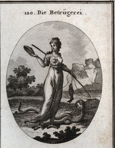 Allégorie de la fraude représentée avec un double cœur et tenant un masque. Elle tient une canne à pêche qui a mordu un poisson. Ses jambes se terminent en griffes de vautour et elle a une queue de scorpion. Son attribut est un serpent avec un visage humai - Austrian School