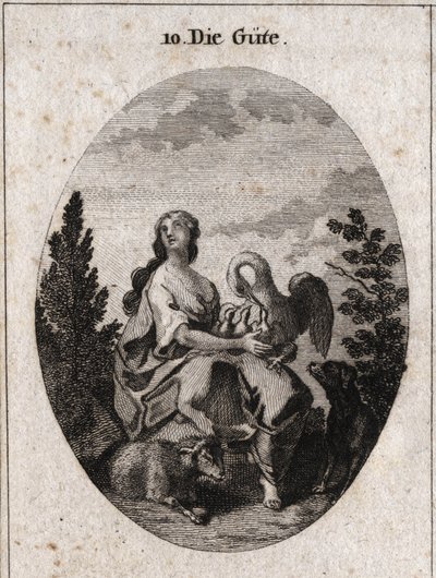 Allégorie de la bonté représentée par une beauté noble et abondante regardant le ciel avec amour. Le pélican symbolise la charité, le chien la fidélité et l