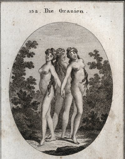 Allégorie des grâces. Les trois grâces : Euphrosyne signifiant allégresse et contentement, Aglaya symbolisant la beauté imposante et Thalia délice. Gravure dans « Iconologie oder Ideen aus dem Gebiete der Leidenschaften und Allegorien bildich dargestellt f - Austrian School
