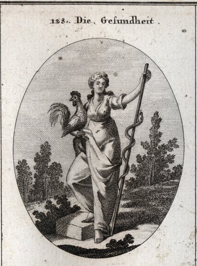 Allégorie de la santé représentée par une femme forte tenant un coq, animal consacré à Esculape, dieu de la médecine. Elle tient un bâton autour duquel est enroulé un serpent (décidu), animal le moins sujet aux maladies. Gravure dans « Iconologie oder Idee - Austrian School