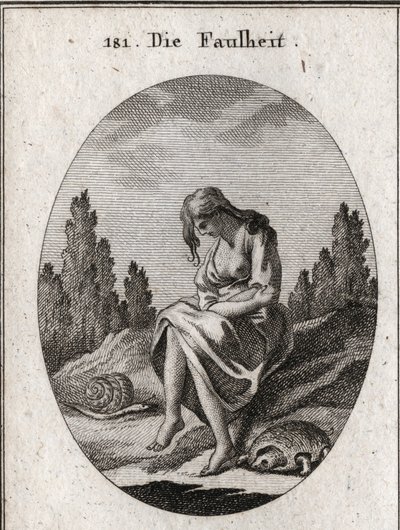 Allégorie de la paresse. Elle tient ses bras croisés. Son attribut est une tortue et une limace. Gravure dans « Iconologie oder Ideen aus dem Gebiete der Leidenschaften und Allegorien bildich dargestellt für Zeichner, Mahler, Dichter, Gelehrte, Erzieher un - Austrian School