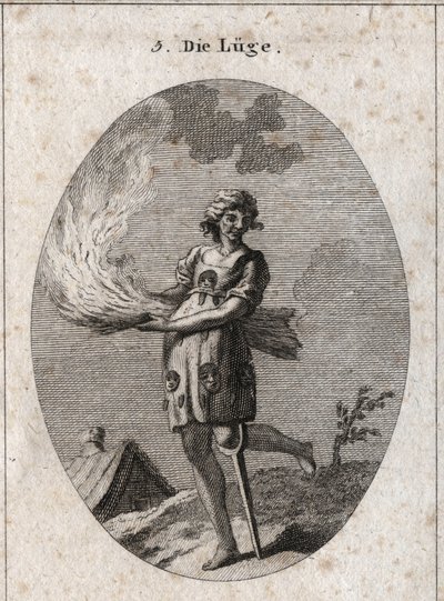 Allégorie du mensonge représentée laide, avec de mauvais cheveux et de mauvais vêtements. Ses vêtements sont remplis de langues et de masques. La paille brûlante illustre le manque de subsistance de ses paroles et la jambe de bois, la faible solidité. Grav - Austrian School