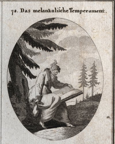 Allégorie du tempérament mélancolique. Il tient un livre et une bourse et sa bouche est fermée par un bandeau. Un oiseau est posé sur sa tête. Gravure dans « Iconologie oder Ideen aus dem Gebiete der Leidenschaften und Allegorien bildlich dargestellt für Z - Austrian School