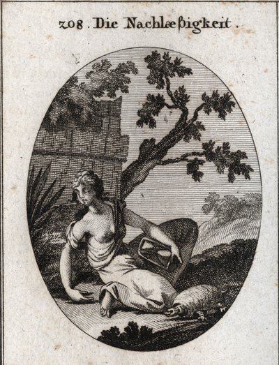 Allégorie de la négligence. Elle tient une horloge avec un sablier renversé. La tortue est l