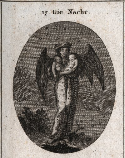 Allégorie de la nuit représentée avec des ailes de chauve-souris. Elle tient deux enfants endormis, l