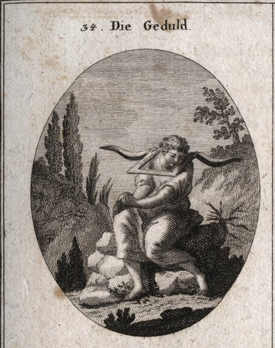 Allégorie de la patience assise sur des cailloux, pieds dans les épines, mains jointes et joug sur les épaules. Gravure dans « Iconologie oder Ideen aus dem Gebiete der Leidenschaften und Allegorien bildich dargestellt fur Zeichner, Mahler, Dichter, Gelehr - Austrian School