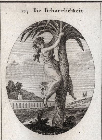 Allégorie de la persévérance. Le palmier, auquel une jeune fille est attachée, est le symbole de la vertu. Elle regarde la terre avec dédain. Gravure dans « Iconologie oder Ideen aus dem Gebiete der Leidenschaften und Allegorien ». - Austrian School