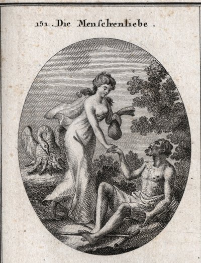 Allégorie de la philanthropie. Elle tient une bourse et vient secourir un pauvre homme à qui elle tend la main. Son attribut est un pélican qui ouvre son sein pour nourrir ses petits. Gravure dans « Iconologie oder Ideen aus dem Gebiete der Leidenschaften  - Austrian School