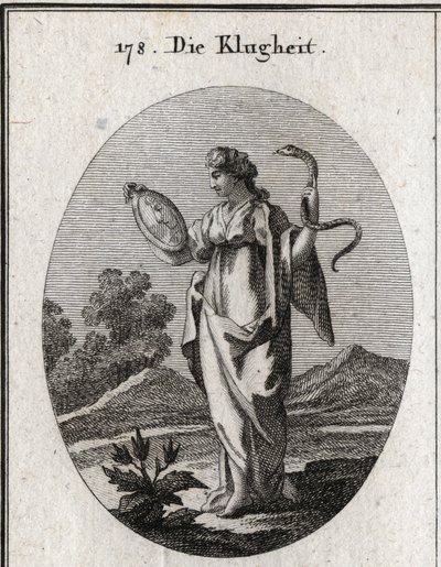 Allégorie de la prudence, ses attributs ordinaires sont le miroir et le serpent. Elle a deux visages, un jeune pour l
