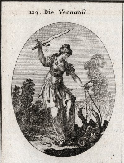 Allégorie de la raison, elle tient une épée flamboyante avec laquelle elle menace les vices représentés par des serpents qu