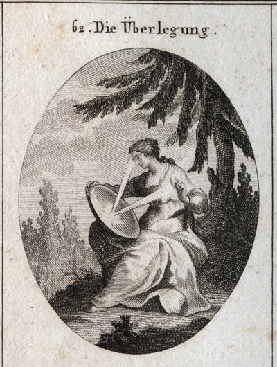 Allégorie de la réflexion. Un rayon de lumière part de son cœur, frappe le miroir sur ses genoux et reflète la lumière sur son front. Gravure dans « Iconologie oder Ideen aus dem Gebiete der Leidenschaften und Allegorien bildich dargestellt fur Zeichner, M - Austrian School