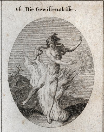 Allégorie du remords entourée de flammes brûlantes avec un serpent qui lui vole son cœur. Gravure dans « Iconologie oder Ideen aus dem Gebiete der Leidenschaften und Allegorien » - Austrian School