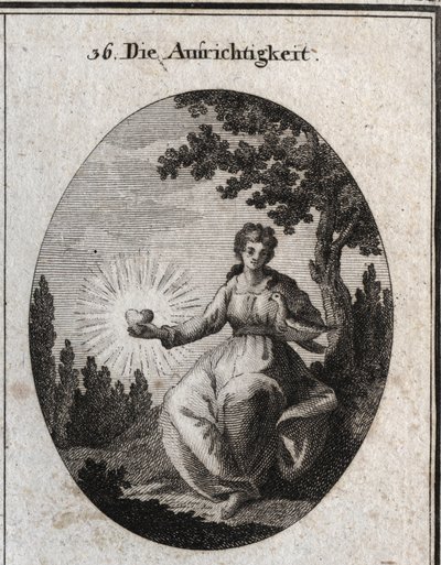 Allégorie de la sincérité tenant une colombe contre sa poitrine et présentant un cœur rayonnant. Gravure dans « Iconologie oder Ideen aus dem Gebiete der Leidenschaften und Allegorien bildich dargestellt fur Zeichner, Mahler, Dichter, Gelehrte, Erzieher un - Austrian School