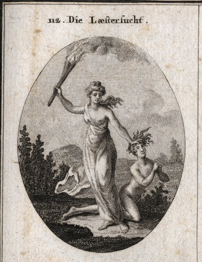 Allégorie de la calomnie tenant une torche allumée et traînant impitoyablement un adolescent nu qui joint les mains et regarde le ciel. Gravure dans « Iconologie oder Ideen aus dem Gebiete der Leidenschaften und Allegorien bildich dargestellt für Zeichner, - Austrian School