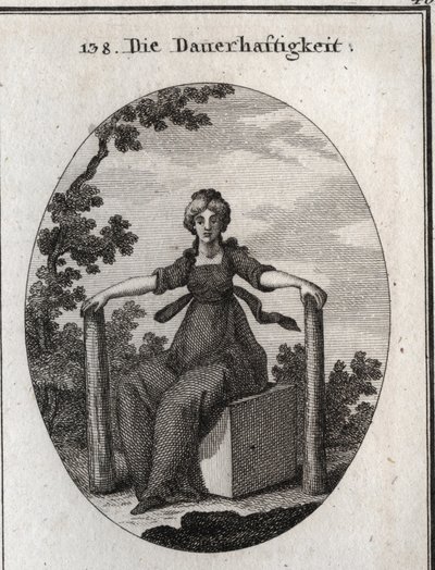 Allégorie de la stabilité assise sur un cube de marbre avec deux piles plantées dans la terre. Gravure dans « Iconologie oder Ideen aus dem Gebiete der Leidenschaften und Allegorien » - Austrian School