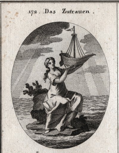 Allégorie de la confiance représentée par une femme assise sur une place au milieu de la mer et tenant dans sa main un navire qu