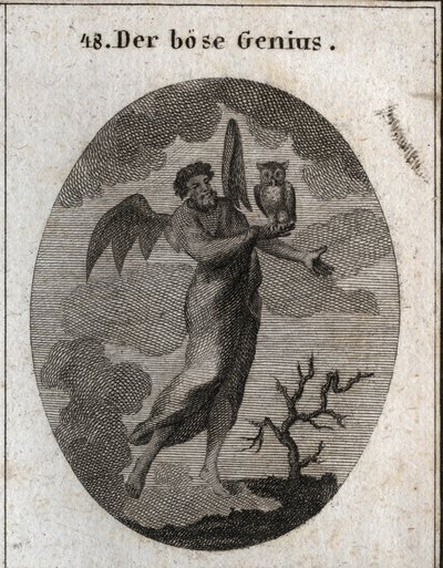 Allégorie du génie opposé représenté par un mauvais génie avec des ailes de chauve-souris et tenant une chouette, oiseau de mauvais augure. Gravure dans « Iconologie oder Ideen aus dem Gebiete der Leidenschaften und Allegorien bildich dargestellt für Zeich - Austrian School