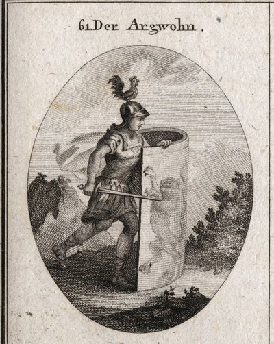 Allégorie de la suspicion avec un lion, symbole de la suspicion selon Aristote, et un coq sur le casque représentant la vigilance. Gravure dans « Iconologie oder Ideen aus dem Gebiete der Leidenschaften und Allegorien ». - Austrian School