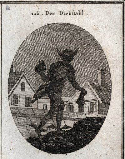 Allégorie du vol représenté par un homme marchant dans la nuit avec une lanterne sourde et une bourse dans ses mains. Les ailes sur ses pieds montrent qu