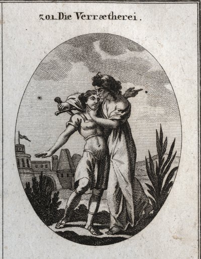 Allégorie de la trahison. Une vieille femme affreuse caresse un beau jeune homme et en même temps se prépare à le poignarder. Gravure dans « Iconologie oder Ideen aus dem Gebiete der Leidenschaften und Allegorien bildich dargestellt für Zeichner, Mahler, D - Austrian School