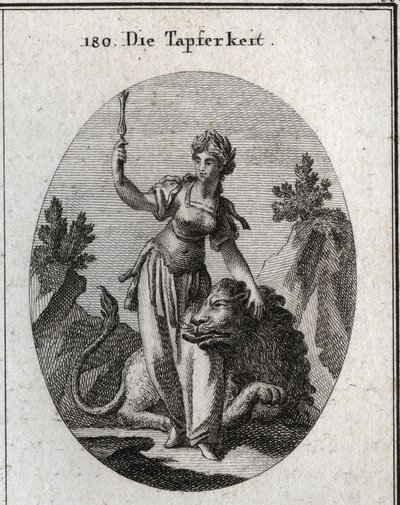Allégorie de la valeur, couronnée de laurier, elle caresse un lion apprivoisé par elle. Le sceptre élevé signifie que son courage la rend digne de commander. Gravure dans « Iconologie oder Ideen aus dem Gebiete der Leidenschaften und Allegorien bildich da - Austrian School