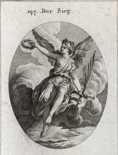 Allégorie de la victoire. Elle a des ailes et tient une palme et une couronne de laurier. Gravure dans « Iconologie oder Ideen aus dem Gebiete der Leidenschaften und Allegorien bildich dargestellt für Zeichner, Mahler, Dichter, Gelehrte, Erzieher und Freun - Austrian School