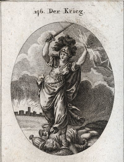 Allégorie de la guerre. Elle tient un éclair et une épée nue et brise sous ses pieds des vases en or et en argent et une statue du dieu Plutus symbolisée par une corne d