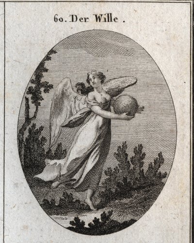 Allégorie de la volonté. Elle est représentée ailée et tenant une boule de différentes couleurs. Gravure dans « Iconologie oder Ideen aus dem Gebiete der Leidenschaften und Allegorien bildich dargestellt fur Zeichner, Mahler, Dichter, Gelehrte, Erzieher un - Austrian School