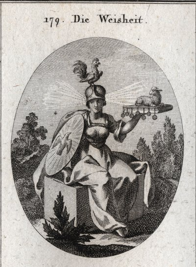 Allégorie de la sagesse. Ses vêtements et ses armes blanches définissent sa force et sa pureté. Le coq sur son casque est le symbole de son intelligence et de sa vigilance. Les rayons de lumière sortant de ses tempes signifient dignité et sainteté. Le livr - Austrian School