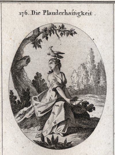 Allégorie de Babel. Son drapé est rempli de cigales et de langues. Son attribut est le corbeau. Gravure dans « Iconologie oder Ideen aus dem Gebiete der Leidenschaften und Allegorien bildich dargestellt fur Zeichner, Mahler, Dichter, Gelehrte, Erzieher und - Austrian School