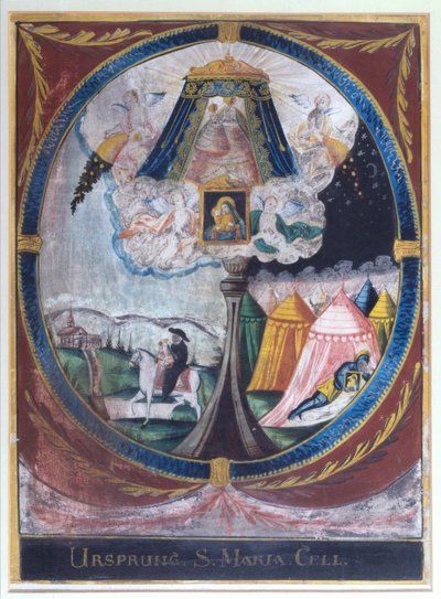 Représentation du moine Magnus apportant la statue en bois miraculeuse de la Vierge Marie à Mariazell en 1157 et de l