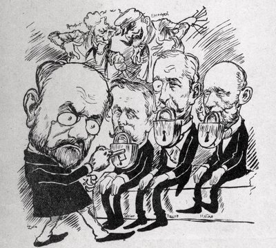 Émile Zola tente de déverrouiller les serrures qui ferment les bouches des présidents Jean Casimir-Perier (1847-1907) et Félix Faure (1841-1899) ainsi que du président du Conseil Jules Méline (1838-1925), tandis qu