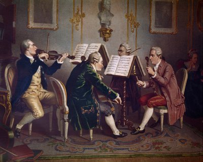 Quatuor à cordes jouant une œuvre de Mozart (Musique de chambre) (Lithographie) - Austrian School