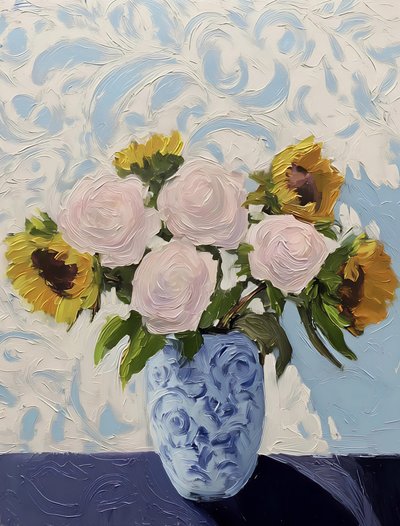 Roses, tournesols et vase bleu - Avanesova Elena