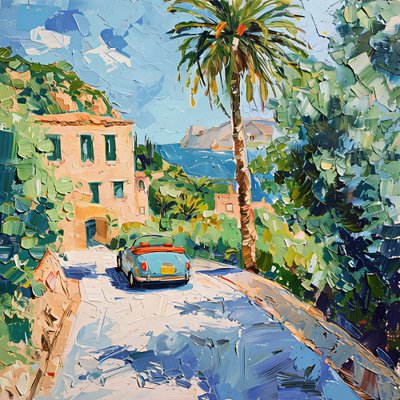Vue sur la côte avec une voiture ancienne - Avanesova Elena