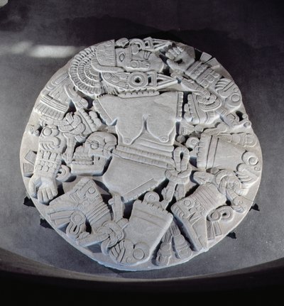 Sculpture du démembrement de la déesse de la lune Coyolxauhqui, trouvée au pied de la pyramide jumelle à Tenochtitlan, Période Postclassique Tardive (1300-1521) - Aztec