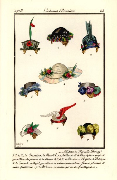 Dessins de chapeaux pour femmes par la modiste Marcelle Demay. Modèles de Marcelle Demay. Pochoir coloré à la main d