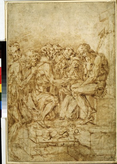 Le Christ avec les symboles de la Passion entouré de sept personnages, dessin à l